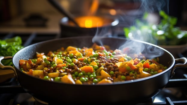 Closeup of a pot of simmering lentils and diced vegetables on a stovetop. photo