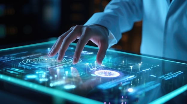 Detailed closeup of a doctors hand manipulating a holographic medical display. photo