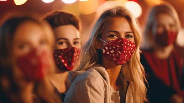 Closeup of a group of friends at an outdoor concert, each with a unique decorative face mask. photo