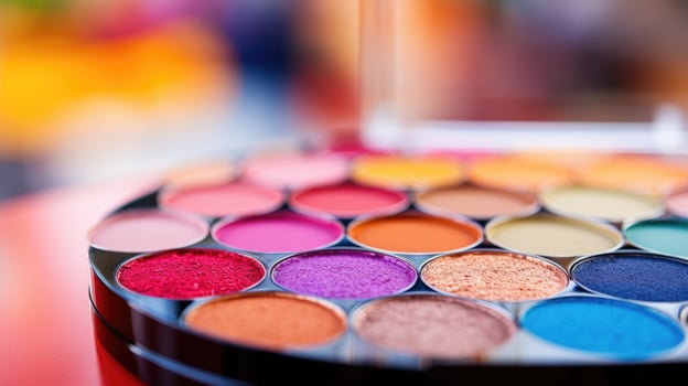 Closeup of a makeup palette, filled with bold and vibrant colors for runway looks. photo