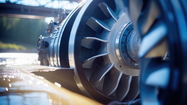 Detailed shot of a hydropower turbine, demonstrating the use of water to generate electricity. photo