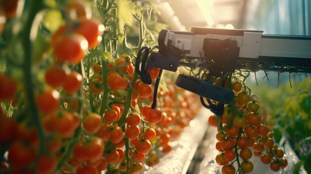 Detailed view of a robotic arm harvesting ripe tomatoes from a greenhouse. photo