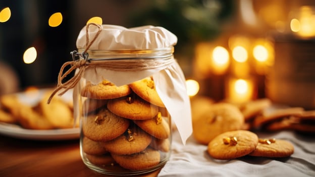 Closeup of a reusable beeswax wrap covering a jar of freshly baked cookies. photo