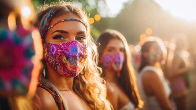 Closeup of a group of friends at a summer festival, each with a unique and colorful face mask. photo