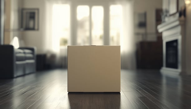 Big box brown cartoon packaging delivery in floor blurred interior room photo