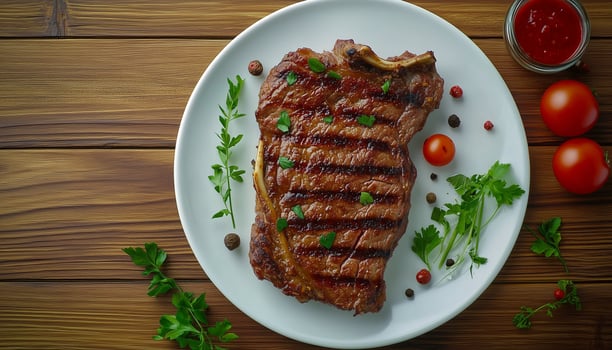 Beef grilled meat barbeque on white plate flat lay for dinner or lunch photo