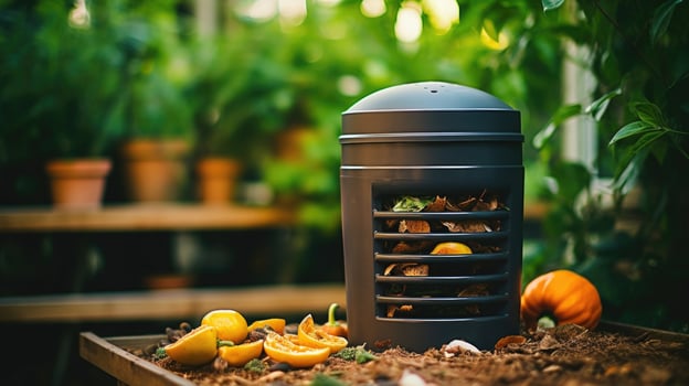 Closeup of a closed kitchen compost bin that uses a charcoal filter to prevent odors. photo