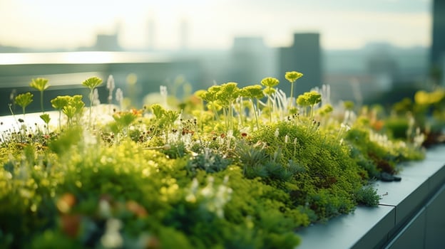 Closeup of a green roof, covering a transit hub and promoting biodiversity in the busy cityscape. photo