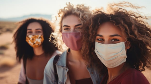 Closeup of a group of friends on a road trip, all wearing face masks while exploring new destinations. photo