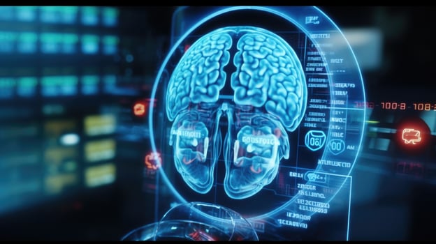 Closeup of a holographic medical display highlighting key areas of a digital brain scan. photo