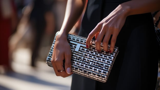Closeup of a metallic, structured clutch purse held in a models hand as she poses on the runway. photo