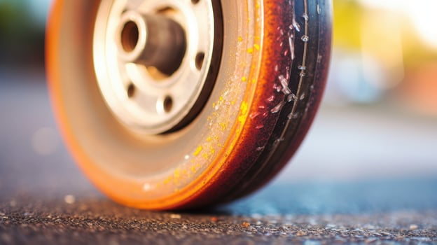 Closeup of a skateboard wheel with wear and tear. photo