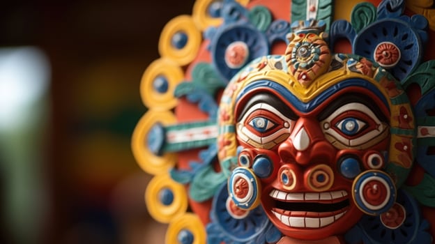 Closeup of an intricately designed cultural mask, representing the diverse beliefs and traditions of different cultures. photo