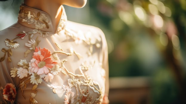 Closeup of delicate handpainted floral details on a Chinese qipao dress. photo