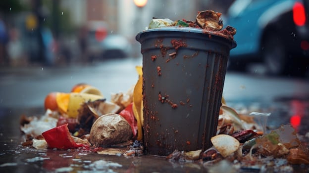 A macro shot of various types of waste overflowing from a garbage can, emphasizing the challenge of waste management and sustainable solutions in densely populated cities. photo