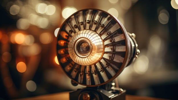 Closeup of a fan shaped like a vintage film camera, with intricate details. photo