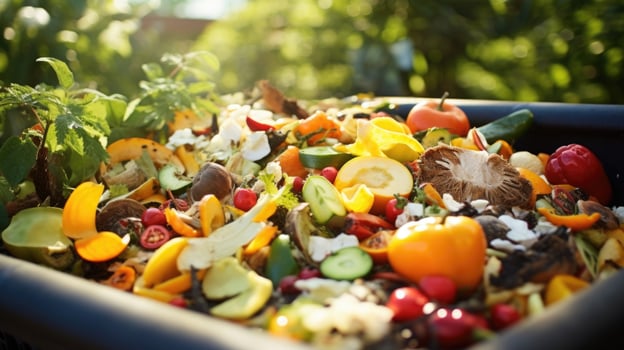 Closeup of a compost bin filled with ss of fruits and vegetables. photo