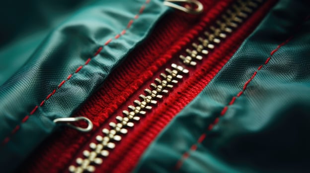 Closeup of a recycled plastic zipper on a sustainable fashion jacket, showcasing the creative repurposing of materials. photo