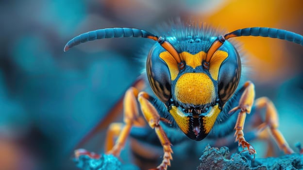 A close-up image of a bee with a prominent, large stinger on its head, photo