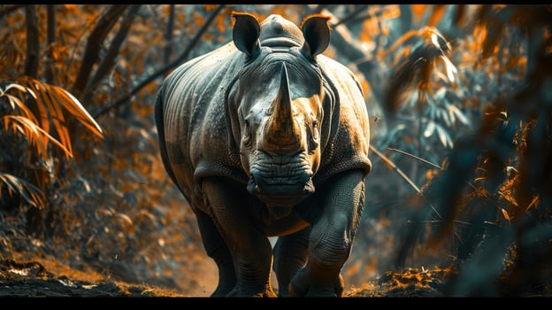 a majestic rhino ambling through a lush, photo