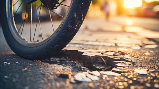 Macro view of a bicycle tire navigating through city potholes and cracks. photo
