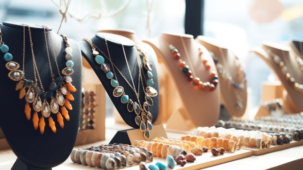 Closeup of a display of handmade jewelry made from recycled materials in a sustainable fashion store. photo