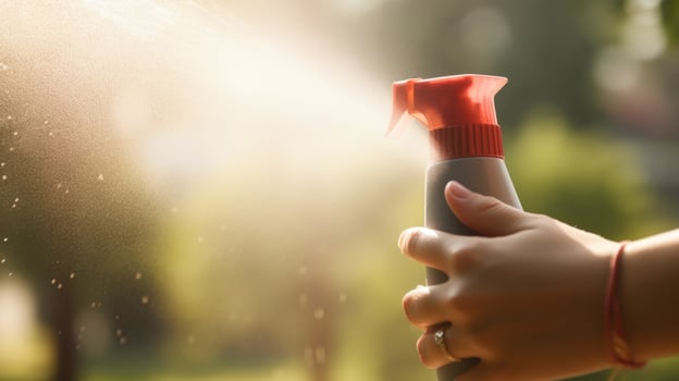 Closeup of a sunscreen spray misting onto a back. photo