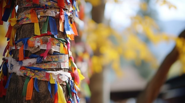 Closeup of a peaceful tree trunk, adorned with colorful prayer flags, representing the inner tranquility achieved through meditation. photo