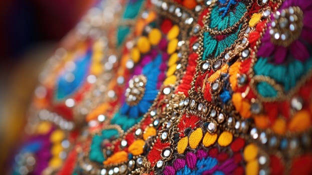 Closeup of a colorful traditional dance costume featuring intricate embroidery and beadwork. photo