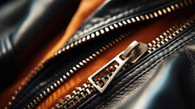Closeup of a sleek leather jacket with metallic zipper detailing. photo
