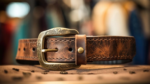 Closeup of a rusted brass buckle on a worn leather belt at a vintage boutique. photo