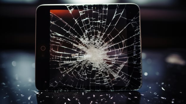 Closeup of a shattered and cracked tablet screen with a cyberbullying logo and the words enough is enough, demanding action and accountability against online harassment. photo
