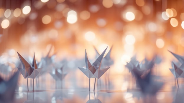 Closeup of delicate origami sculptures displayed at an immersive art installation. photo