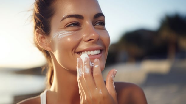Closeup of a woman gently patting in her nighttime moisturizer, targeting key areas of her face for optimal hydration. photo
