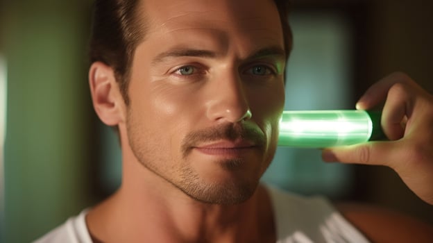 Closeup of a man using a jade roller to massage and depuff his undereye area, reducing the appearance of dark circles. photo