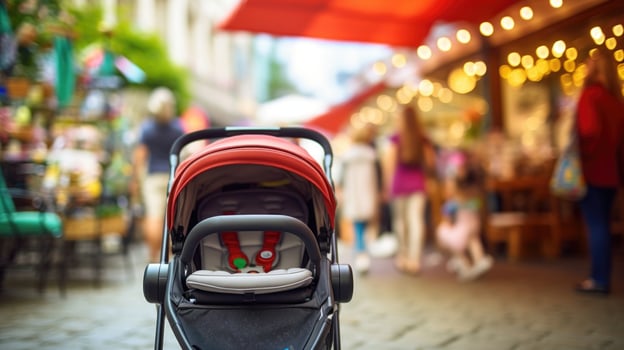 Closeup of a modern stroller with builtin tracking and navigation system, allowing parents to easily monitor their childs location. photo