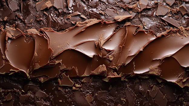 Melted dark chocolate swirls covering chocolate chunks background photo