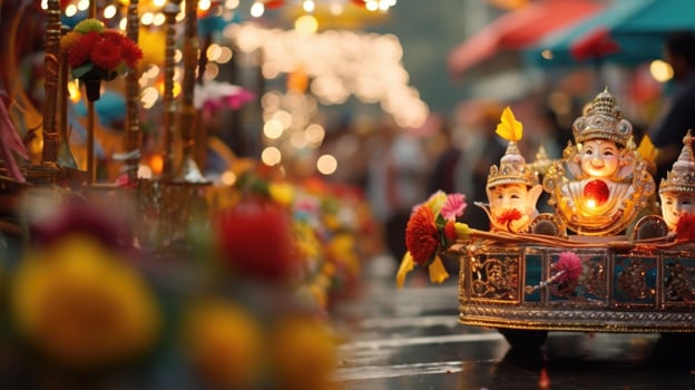 Closeup of beautifully decorated floats parading through the streets at a cultural celebration. photo