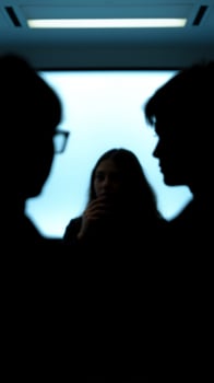 Silhouettes of three people in an elevator photo