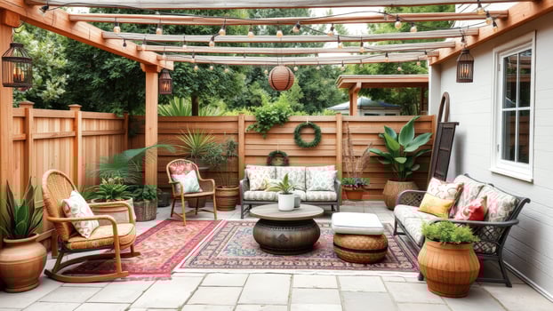 Cozy Patio with Wicker Furniture and String Lights photo