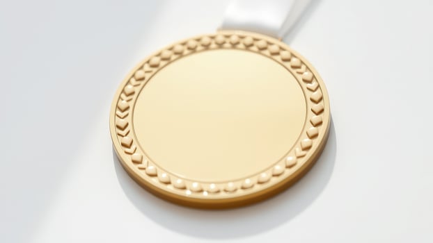 Blank Gold Medal with White Ribbon on White Background photo