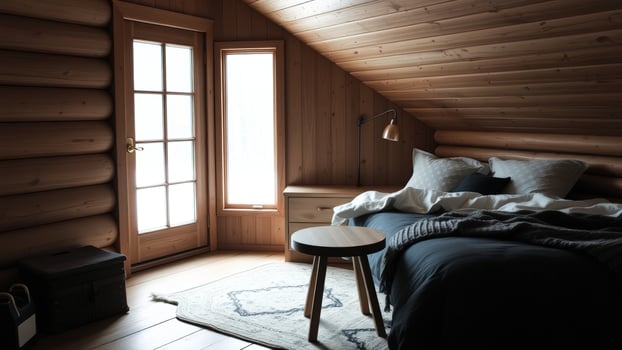Cozy Cabin Bedroom with Log Walls and a Window photo