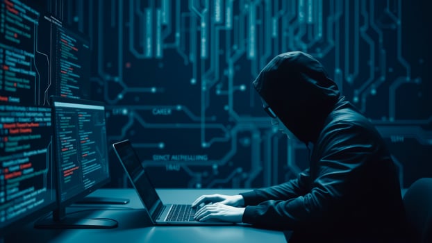 Hacker in a Dark Room Working on a Laptop photo
