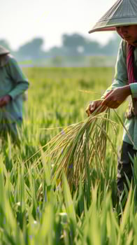 Farmer inspecting rice paddy photo