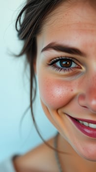 Close-up portrait of a young woman smiling with her eye looking at the camera photo