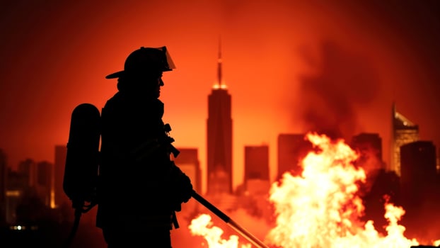 Firefighter Silhouetted Against Burning City photo