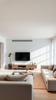 Modern living room with beige sofa and wooden entertainment unit photo
