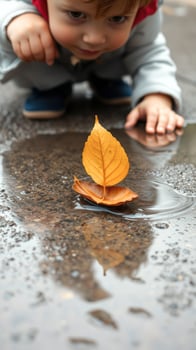 Child Gazing at a Leaf Boat in a Puddle photo