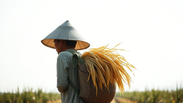Vietnamese Farmer Carrying Rice Paddy photo