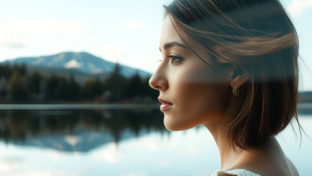 Woman with windswept hair looking at lake photo